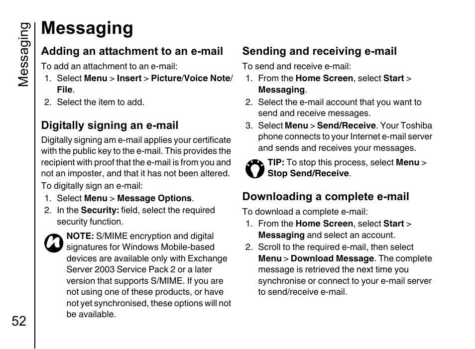 Messaging, Messaging 52 | Toshiba Portege G710 User Manual | Page 53 / 140