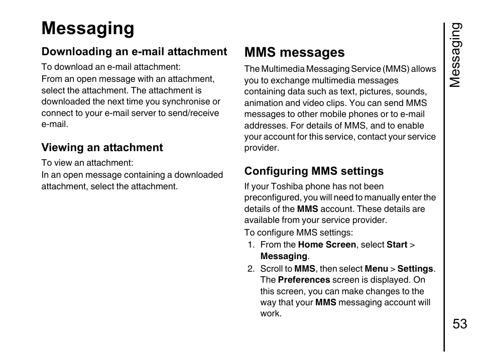 Mms messages 53, Messaging, Messaging 53 | Mms messages | Toshiba Portege G710 User Manual | Page 54 / 140