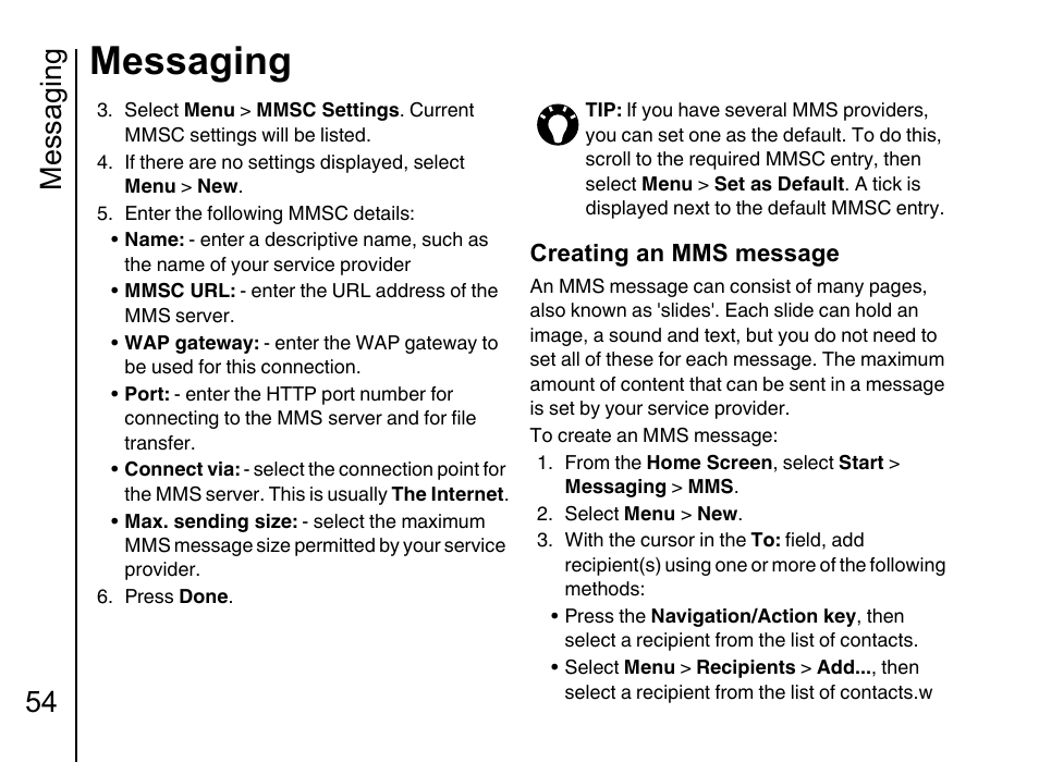 Messaging, Messaging 54, Creating an mms message | Toshiba Portege G710 User Manual | Page 55 / 140