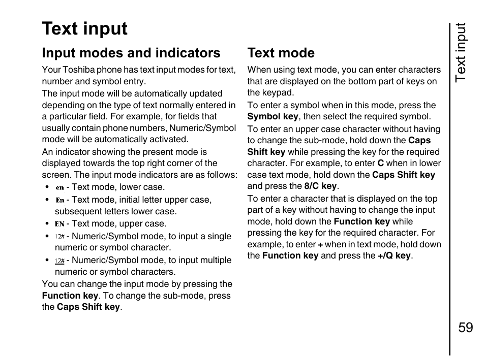 Text input 59 input modes and indicators 59, Text mode 59, Text input | Text input 59, Input modes and indicators, Text mode | Toshiba Portege G710 User Manual | Page 60 / 140