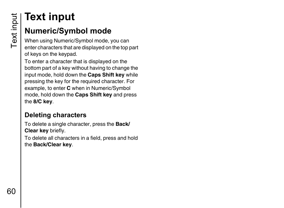 Numeric/symbol mode 60, Text, Input s | Text input, Text input 60, Numeric/symbol mode | Toshiba Portege G710 User Manual | Page 61 / 140