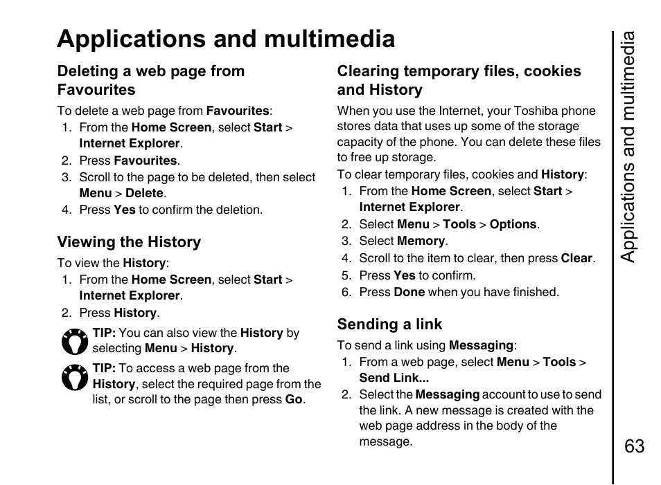 Applications and multimedia, Applications and multimedia 63 | Toshiba Portege G710 User Manual | Page 64 / 140