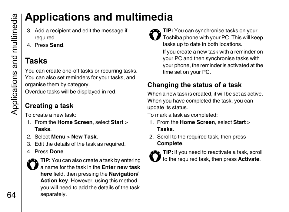 Tasks, Applications and multimedia, Applications and multimedia 64 | Creating a task, Changing the status of a task | Toshiba Portege G710 User Manual | Page 65 / 140