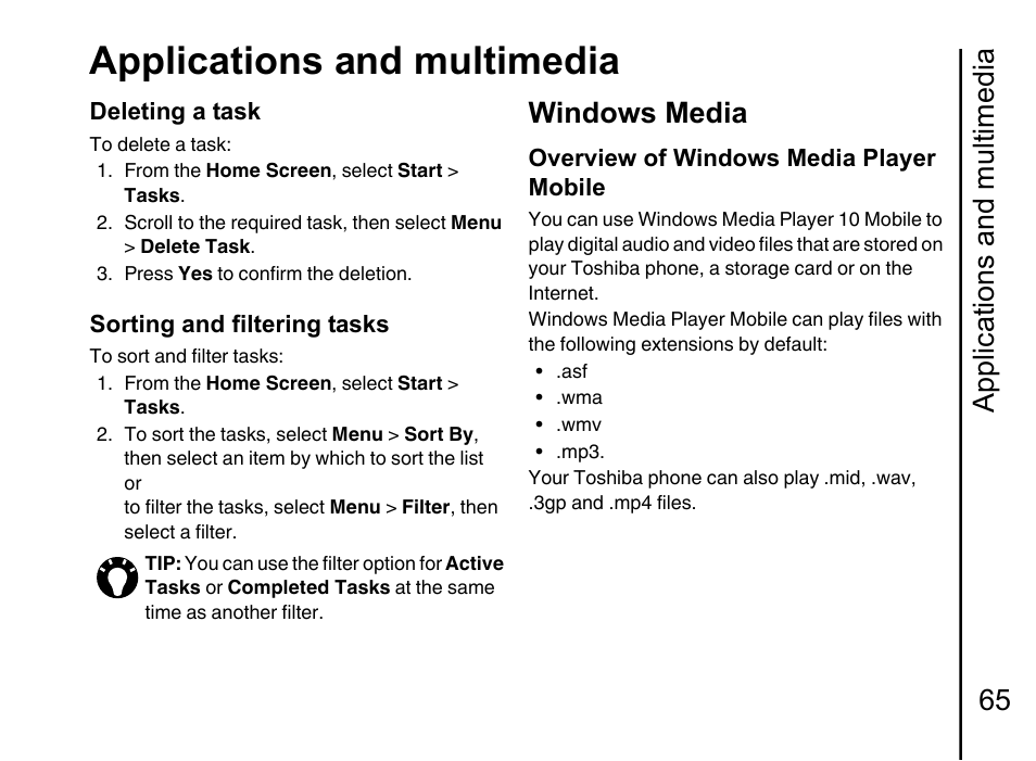 Windows media, Applications and multimedia, Applications and multimedia 65 | Toshiba Portege G710 User Manual | Page 66 / 140