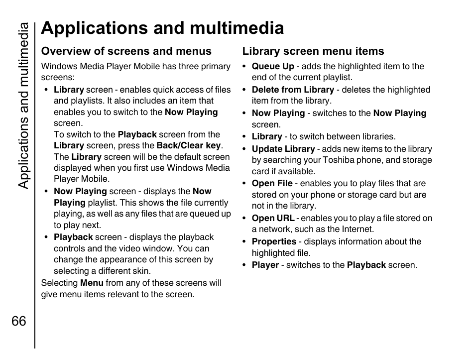 Applications and multimedia, Applications and multimedia 66, Overview of screens and menus | Library screen menu items | Toshiba Portege G710 User Manual | Page 67 / 140