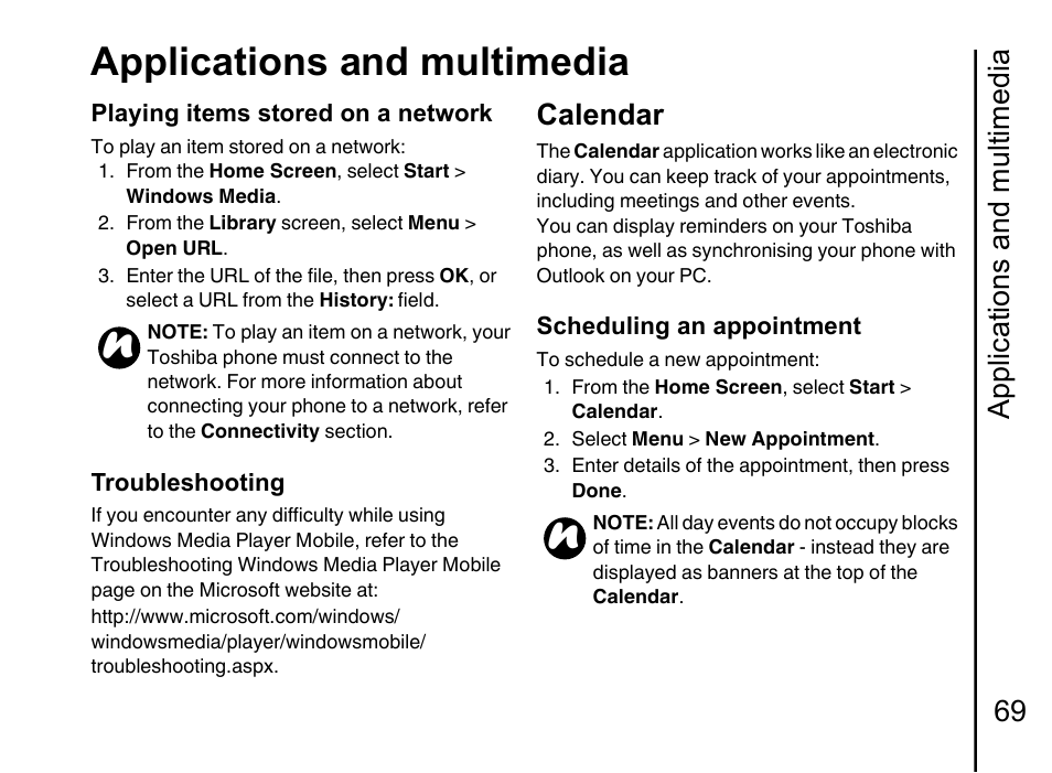 Calendar 69, Applications and multimedia, Applications and multimedia 69 | Calendar | Toshiba Portege G710 User Manual | Page 70 / 140