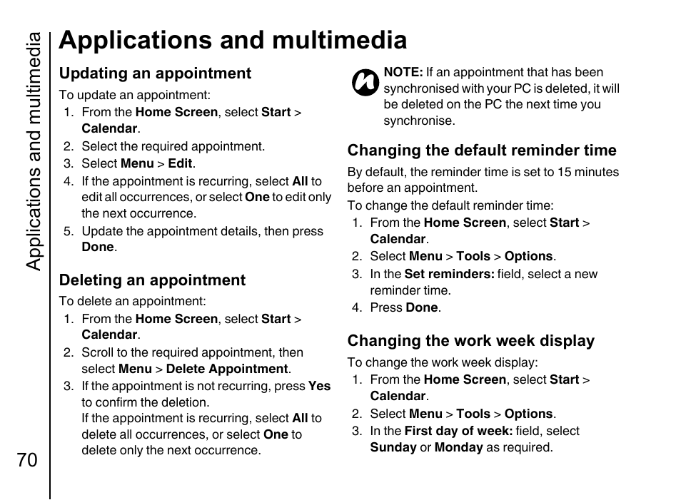 Applications and multimedia, Applications and multimedia 70 | Toshiba Portege G710 User Manual | Page 71 / 140