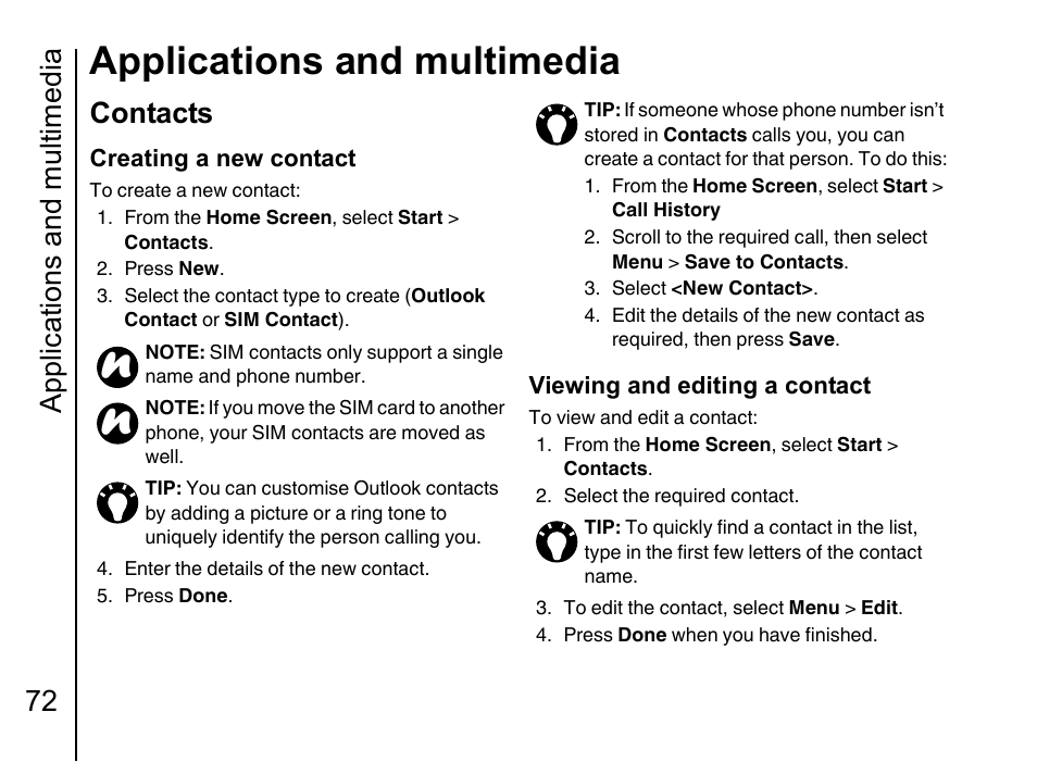 Contacts 72, Applications and multimedia, Applications and multimedia 72 | Contacts | Toshiba Portege G710 User Manual | Page 73 / 140