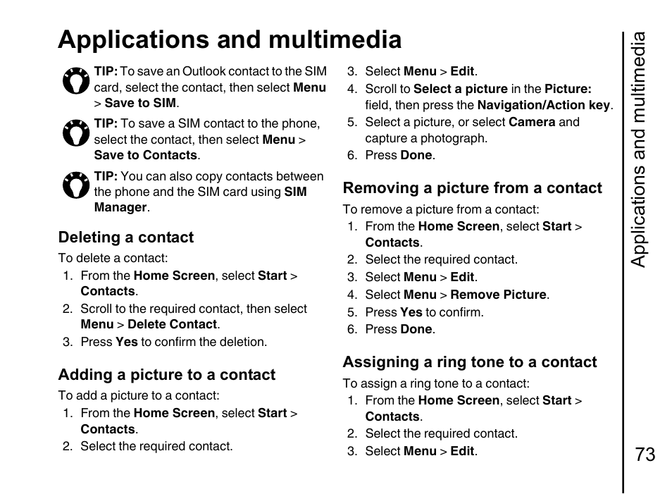 Applications and multimedia, Applications and multimedia 73, Deleting a contact | Adding a picture to a contact, Removing a picture from a contact, Assigning a ring tone to a contact | Toshiba Portege G710 User Manual | Page 74 / 140