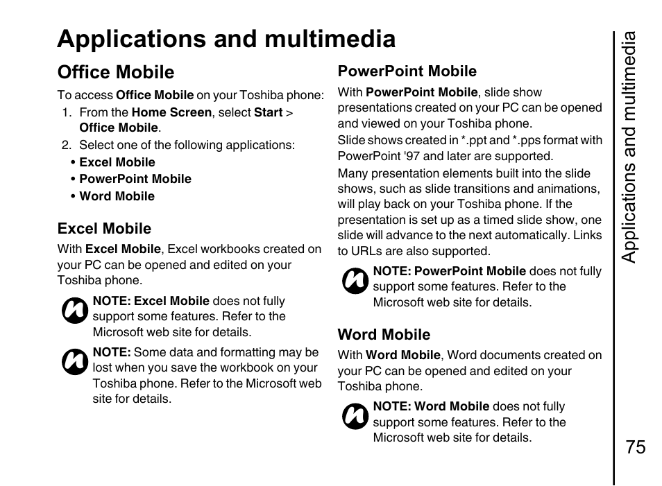 Office mobile 75, Applications and multimedia, Applications and multimedia 75 | Office mobile | Toshiba Portege G710 User Manual | Page 76 / 140