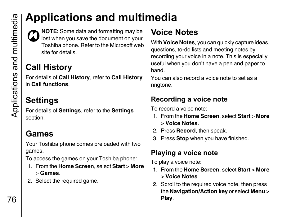 Call history, Settings 76, Games 76 | Voice notes 76, Applications and multimedia, Applications and multimedia 76, Settings, Games | Toshiba Portege G710 User Manual | Page 77 / 140