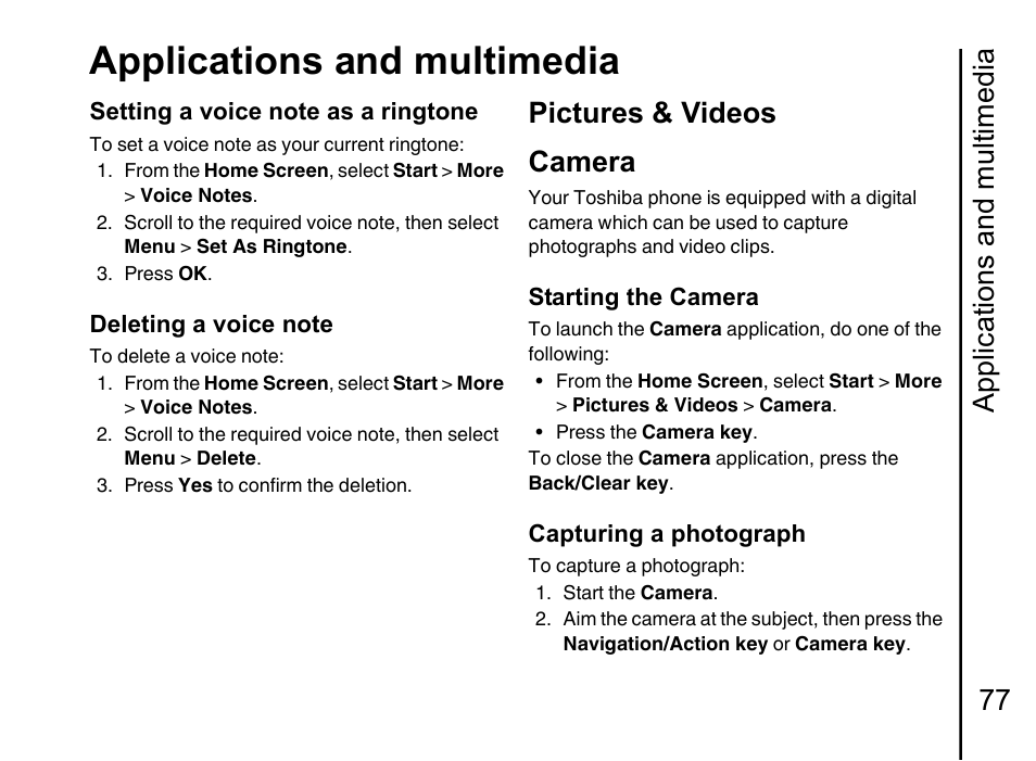 Pictures & videos 77, Camera, Applications and multimedia | Applications and multimedia 77, Pictures & videos camera | Toshiba Portege G710 User Manual | Page 78 / 140