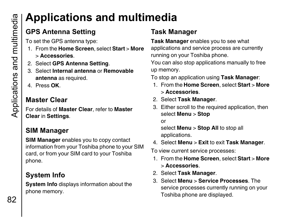 Applications and multimedia, Applications and multimedia 82, Gps antenna setting | Master clear, Sim manager, System info, Task manager | Toshiba Portege G710 User Manual | Page 83 / 140