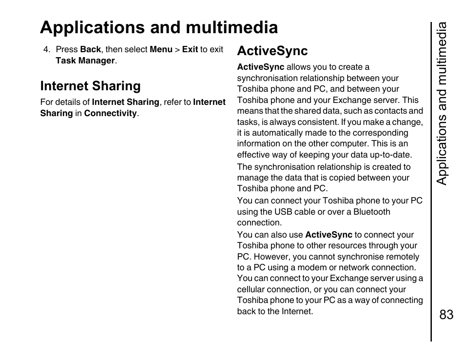 Internet sharing, Activesync 83, Applications and multimedia | Applications and multimedia 83, Activesync | Toshiba Portege G710 User Manual | Page 84 / 140