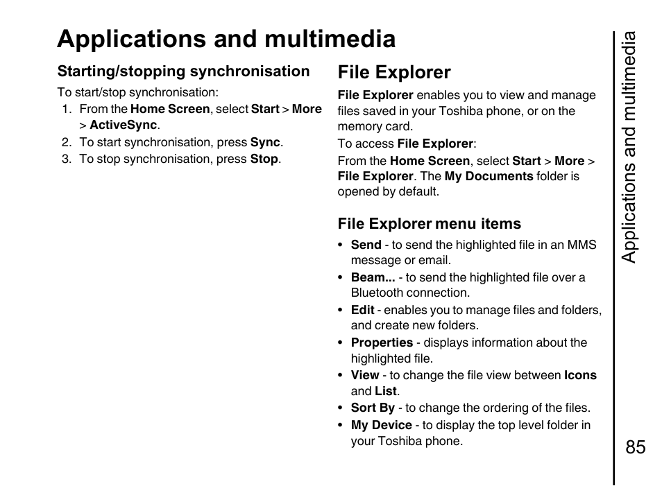 File explorer 85, Applications and multimedia, Applications and multimedia 85 | File explorer | Toshiba Portege G710 User Manual | Page 86 / 140