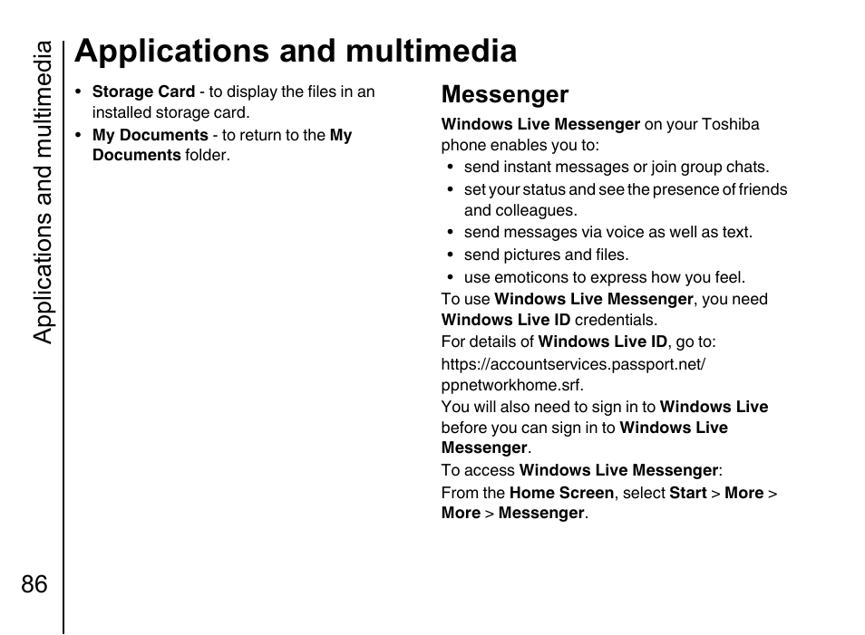 Messenger 86, Applications and multimedia, Applications and multimedia 86 | Messenger | Toshiba Portege G710 User Manual | Page 87 / 140