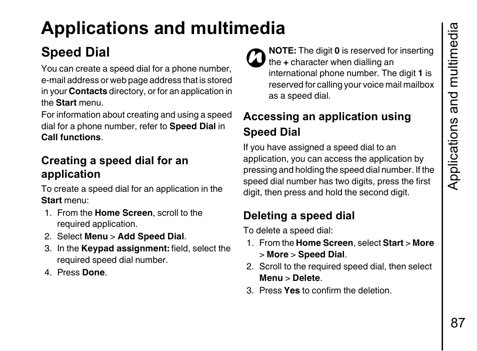 Speed dial 87, Applications and multimedia, Applications and multimedia 87 | Speed dial | Toshiba Portege G710 User Manual | Page 88 / 140