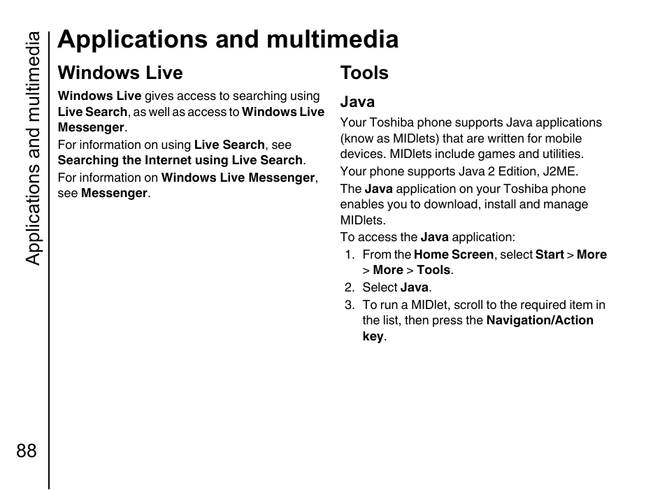 Windows live 88, Tools 88, Applications and multimedia | Applications and multimedia 88, Windows live, Tools | Toshiba Portege G710 User Manual | Page 89 / 140