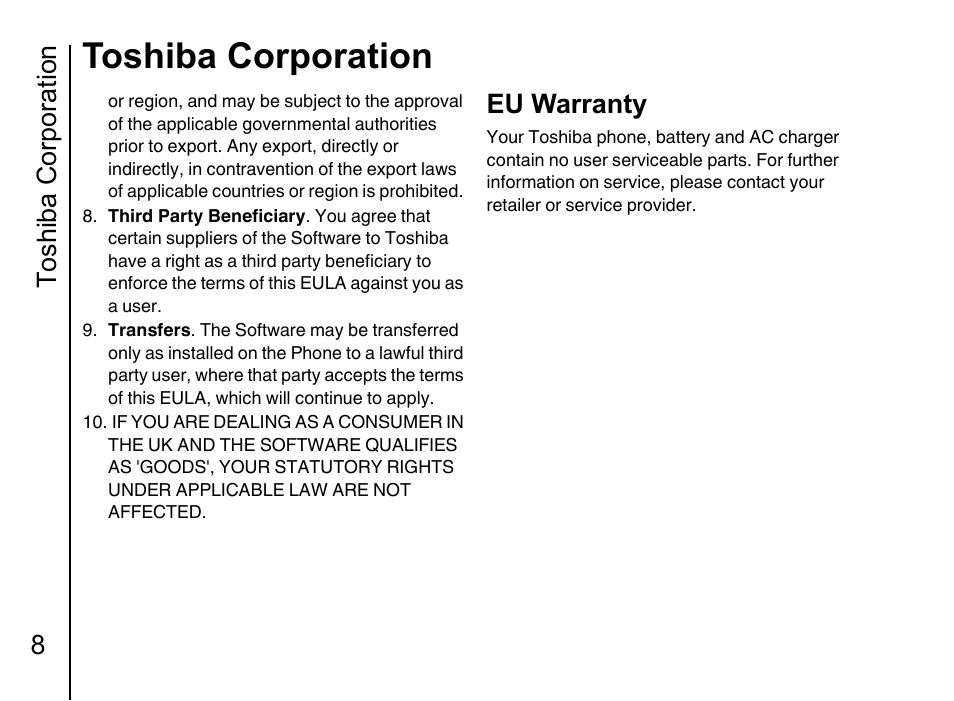 Eu warranty 8, Toshiba corporation, Toshiba corporation 8 | Eu warranty | Toshiba Portege G710 User Manual | Page 9 / 140