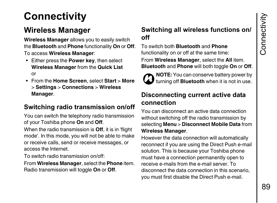 Connectivity 89 wireless manager, Connectivity, Connectivity 89 | Wireless manager | Toshiba Portege G710 User Manual | Page 90 / 140