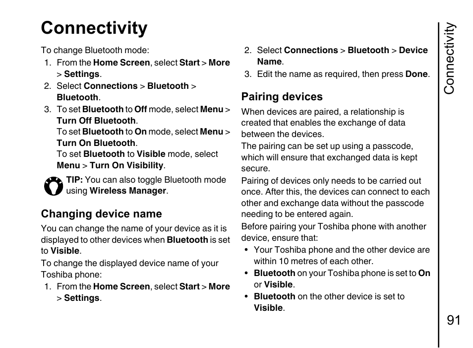 Connectivity, Connectivity 91, Changing device name | Pairing devices | Toshiba Portege G710 User Manual | Page 92 / 140