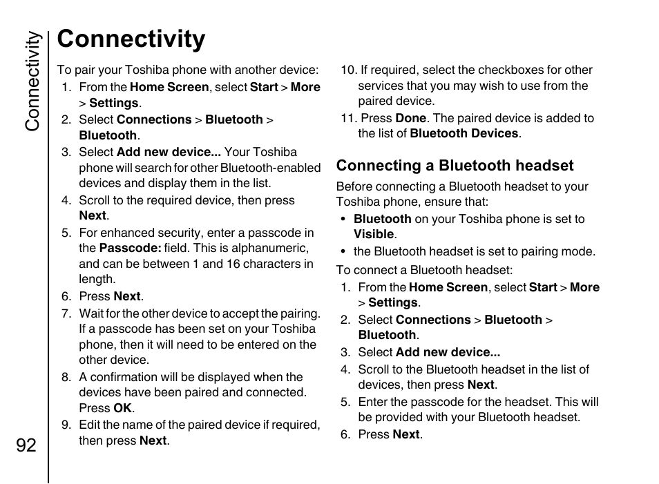 Connectivity, Connectivity 92, Connecting a bluetooth headset | Toshiba Portege G710 User Manual | Page 93 / 140