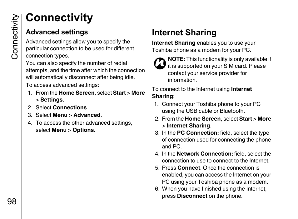 Internet sharing, Connectivity, Connectivity 98 | Toshiba Portege G710 User Manual | Page 99 / 140