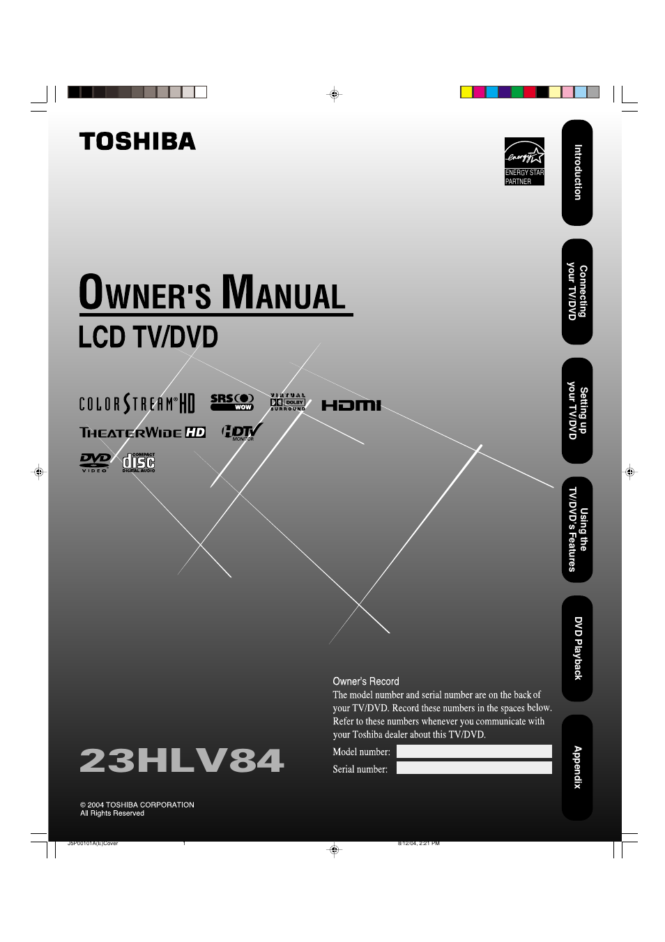 Toshiba 23HLV84 User Manual | 68 pages