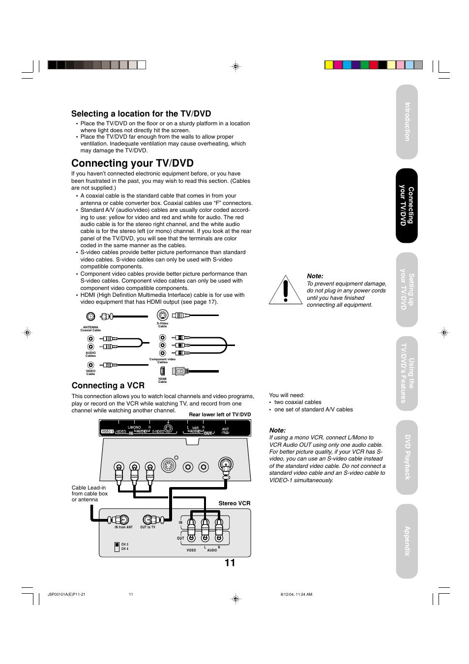 Connecting your tv/dvd, Connecting a vcr, Selecting a location for the tv/dvd | Toshiba 23HLV84 User Manual | Page 11 / 68