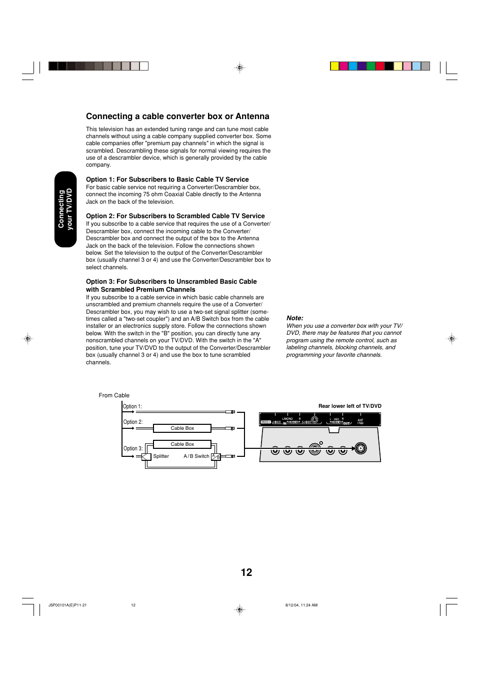 Connecting a cable converter box or antenna | Toshiba 23HLV84 User Manual | Page 12 / 68