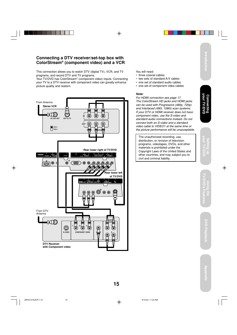 Component video) and a vcr | Toshiba 23HLV84 User Manual | Page 15 / 68