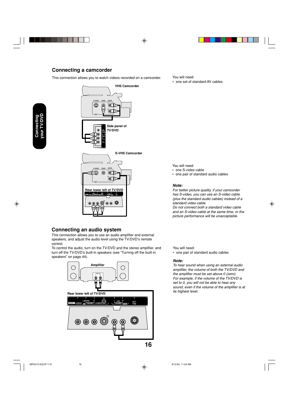 Connecting a camcorder, Connecting an audio system, Connecting your tv/dvd | Toshiba 23HLV84 User Manual | Page 16 / 68