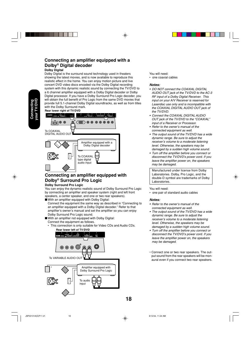 Connecting an amplifier equipped with a dolby, Digital decoder, Connecting an amplifier equipped with dolby | Surround pro logic | Toshiba 23HLV84 User Manual | Page 18 / 68