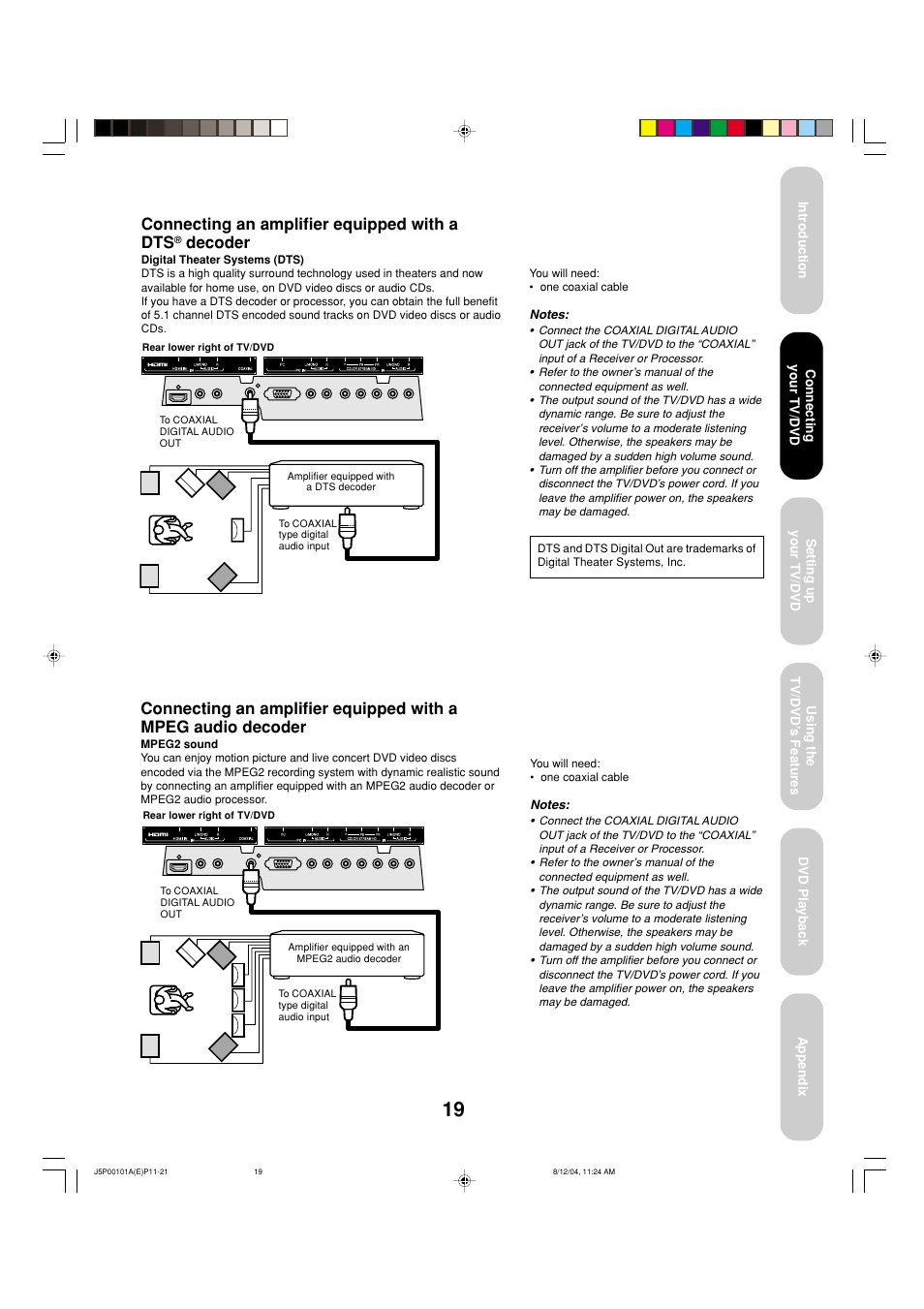 Connecting an amplifier equipped with a dts, Decoder | Toshiba 23HLV84 User Manual | Page 19 / 68