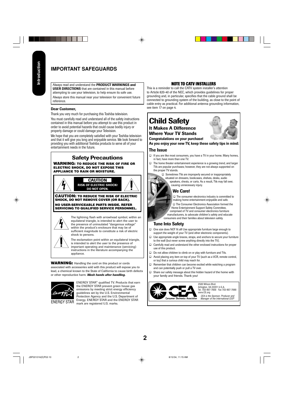 Child safety, Safety precautions, Important safeguards | It makes a difference where your tv stands, The issue, We care, Tune into safety | Toshiba 23HLV84 User Manual | Page 2 / 68
