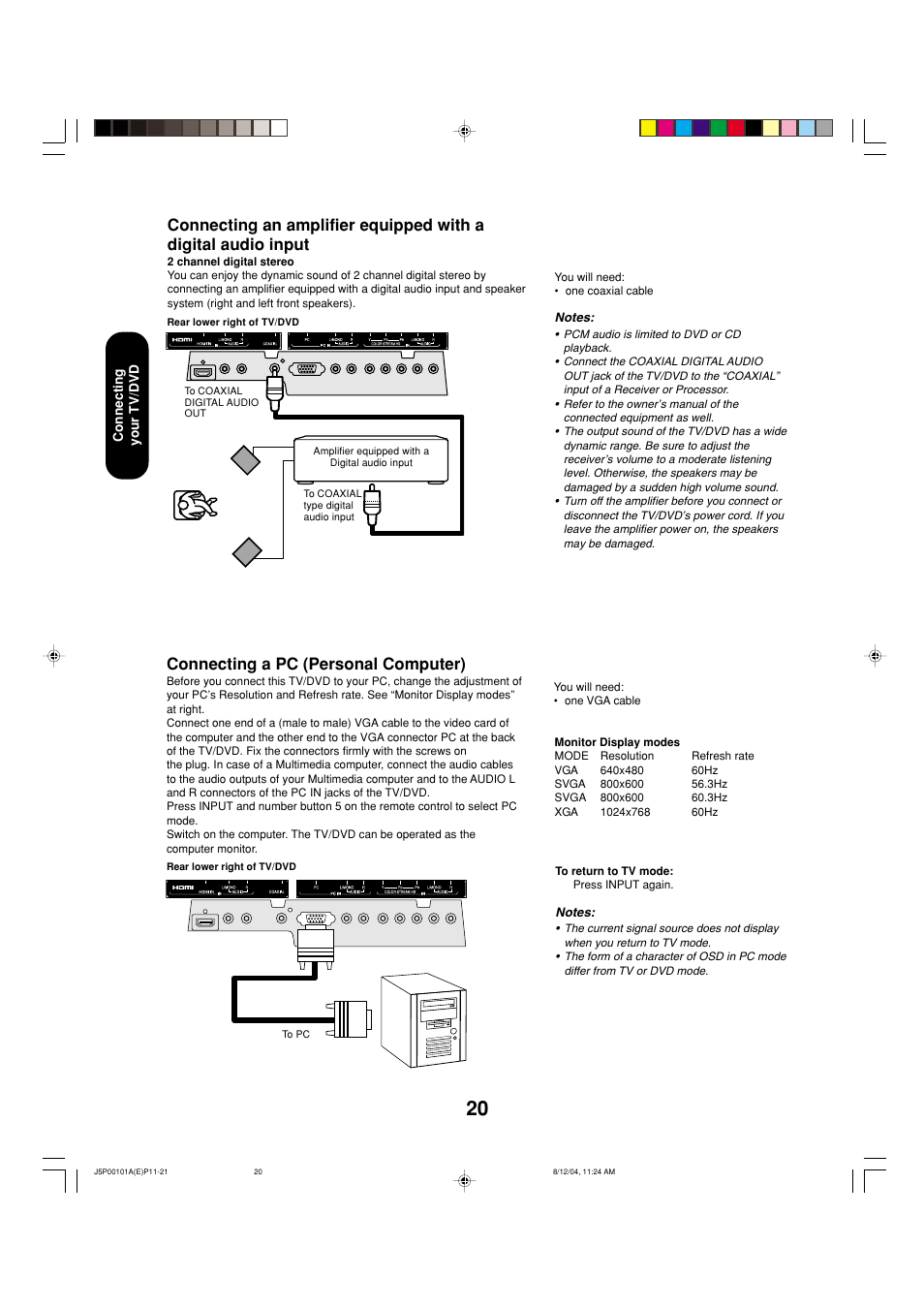 Connecting a pc (personal computer) | Toshiba 23HLV84 User Manual | Page 20 / 68