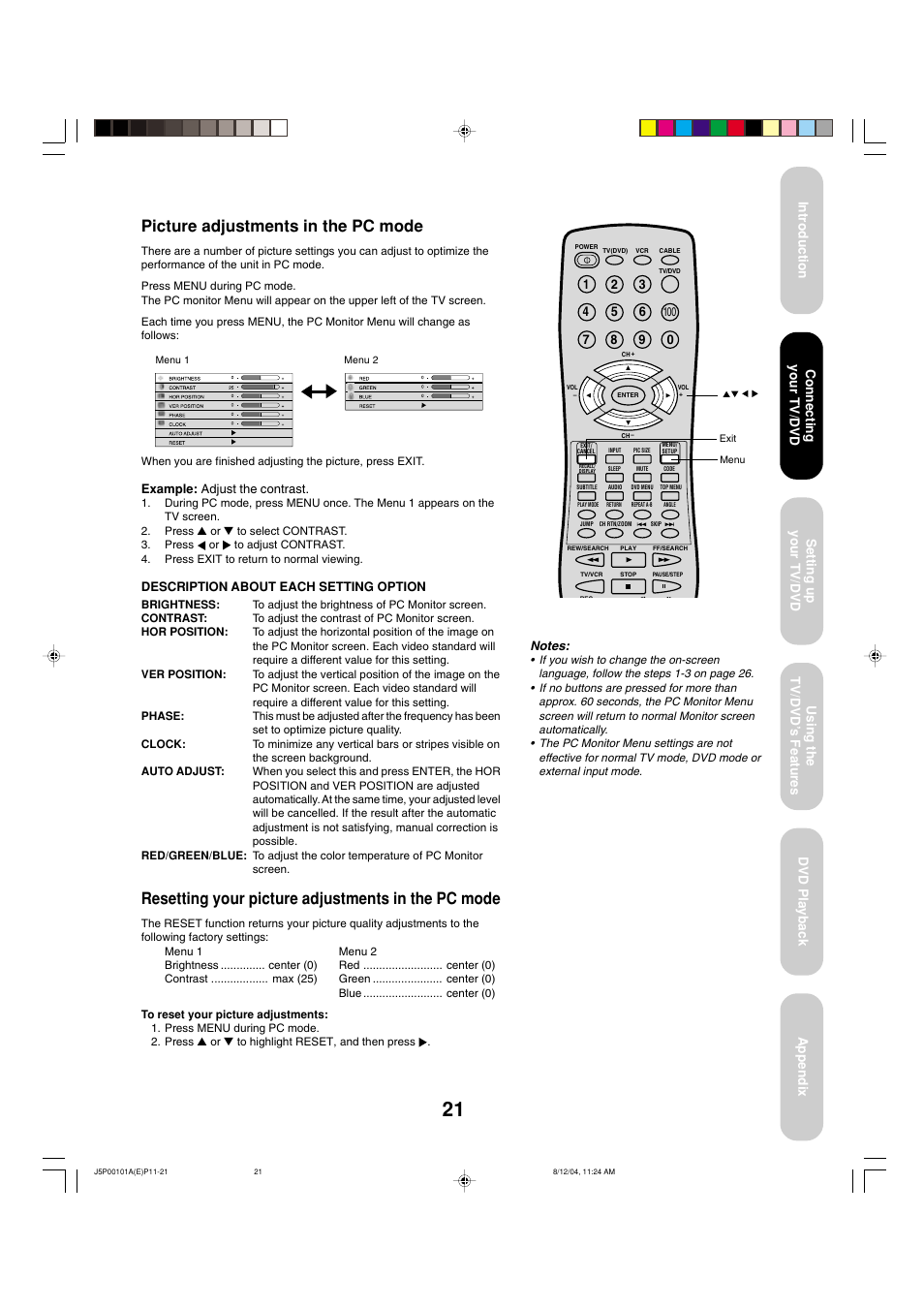 Picture adjustments in the pc mode, Resetting your picture adjustments in the pc mode | Toshiba 23HLV84 User Manual | Page 21 / 68