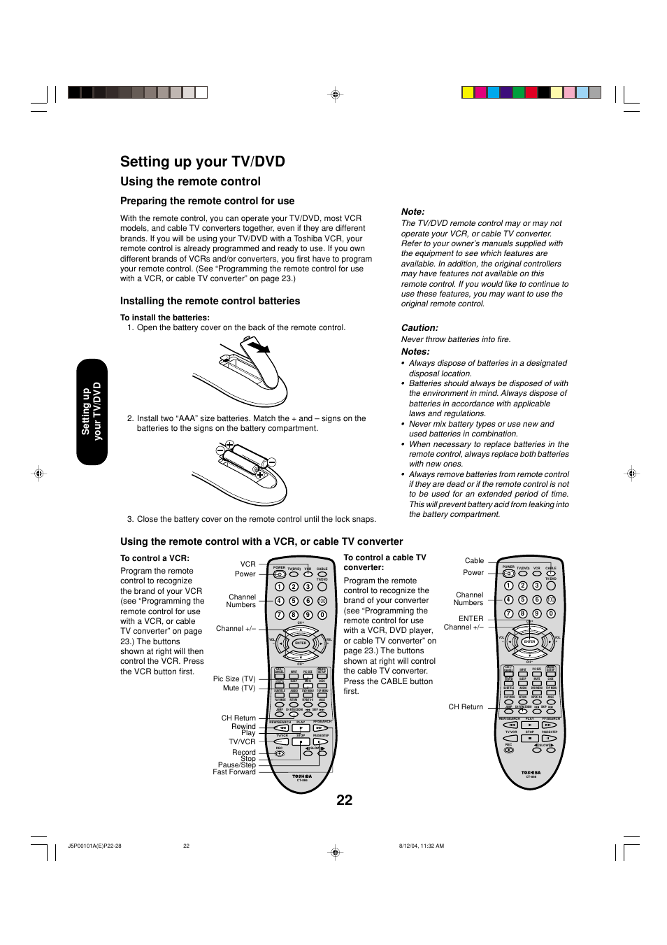Setting up your tv/dvd, Using the remote control, Preparing the remote control for use | Installing the remote control batteries, Caution, Never throw batteries into fire | Toshiba 23HLV84 User Manual | Page 22 / 68