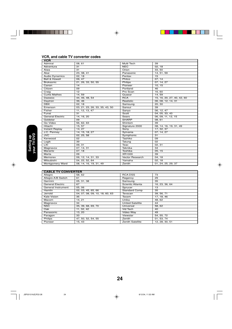 Vcr, and cable tv converter codes, Setting up your tv/dvd | Toshiba 23HLV84 User Manual | Page 24 / 68