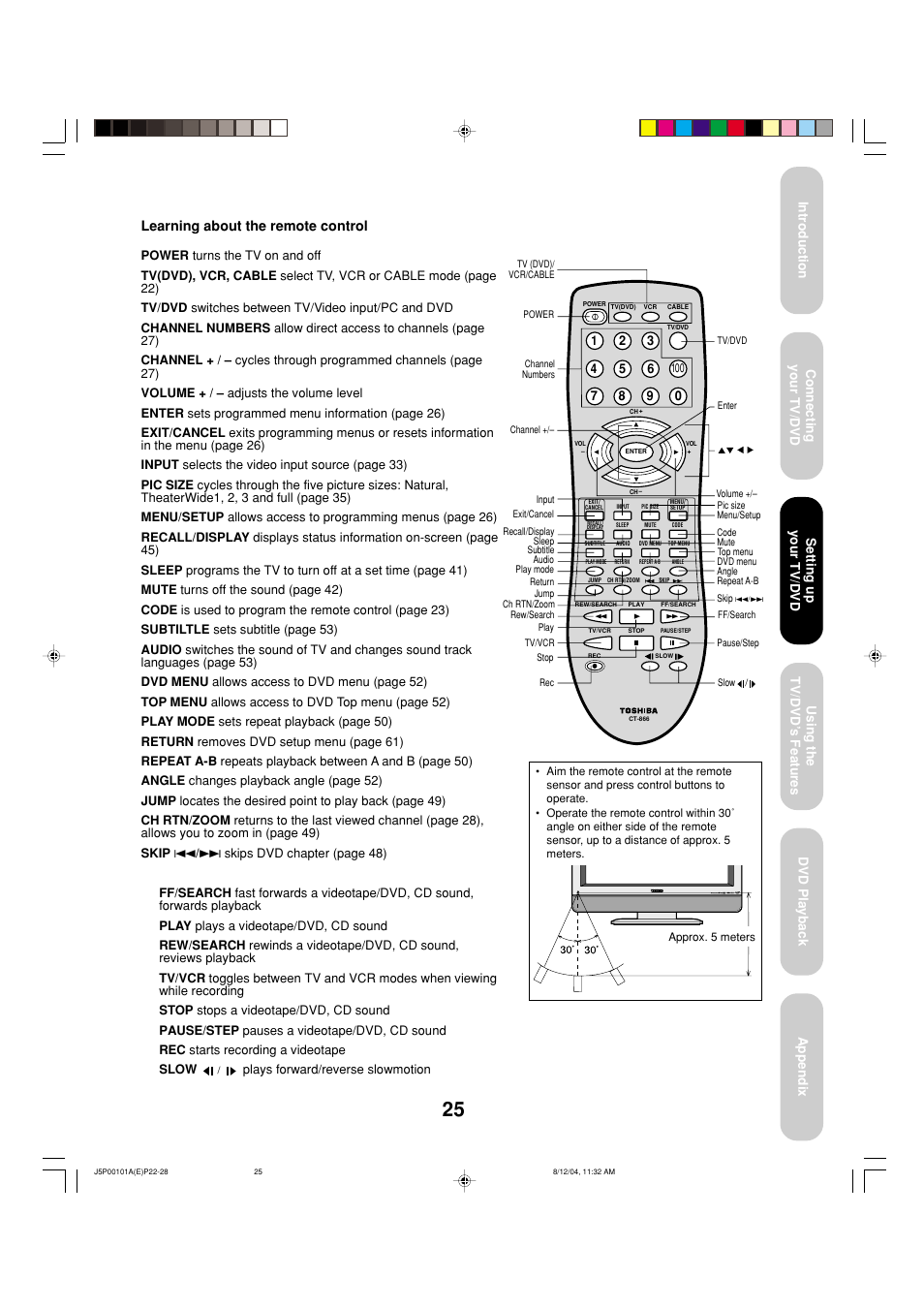 Learning about the remote control | Toshiba 23HLV84 User Manual | Page 25 / 68