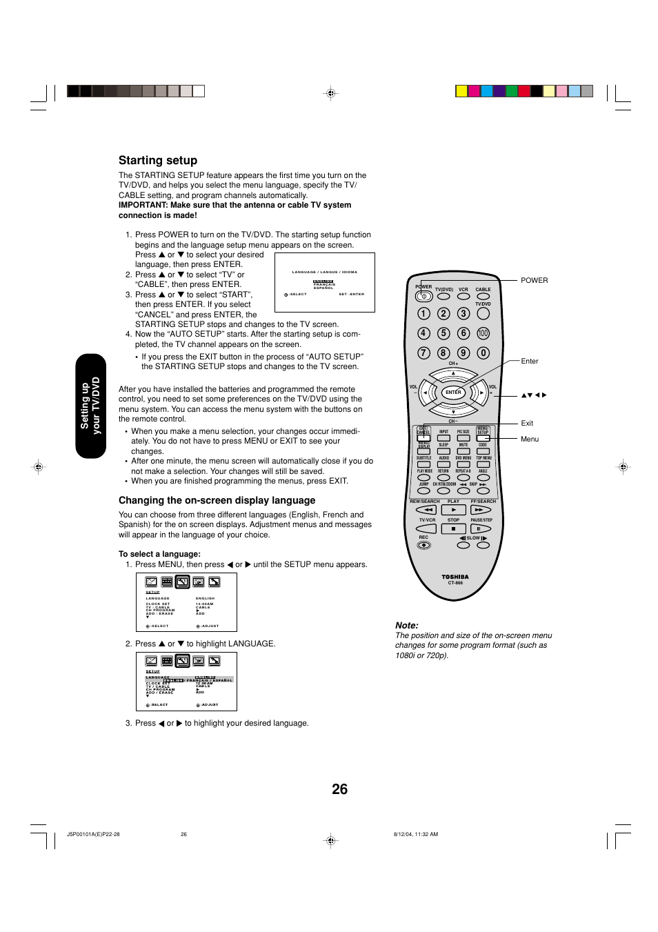 Starting setup, Changing the on-screen display language, Setting up your tv/dvd | Toshiba 23HLV84 User Manual | Page 26 / 68