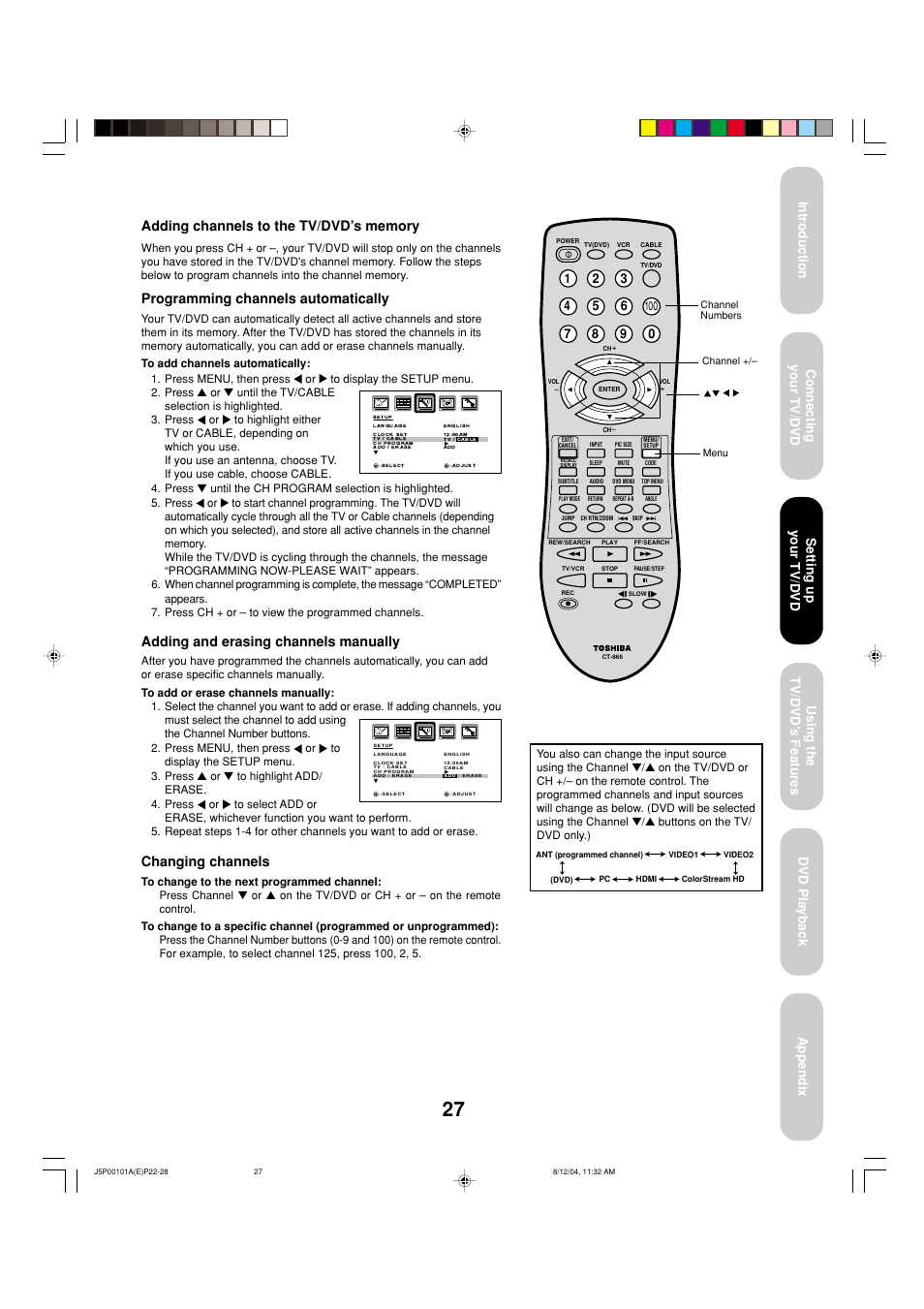 Programming channels automatically, Adding and erasing channels manually, Changing channels | Setting up your tv/dvd | Toshiba 23HLV84 User Manual | Page 27 / 68