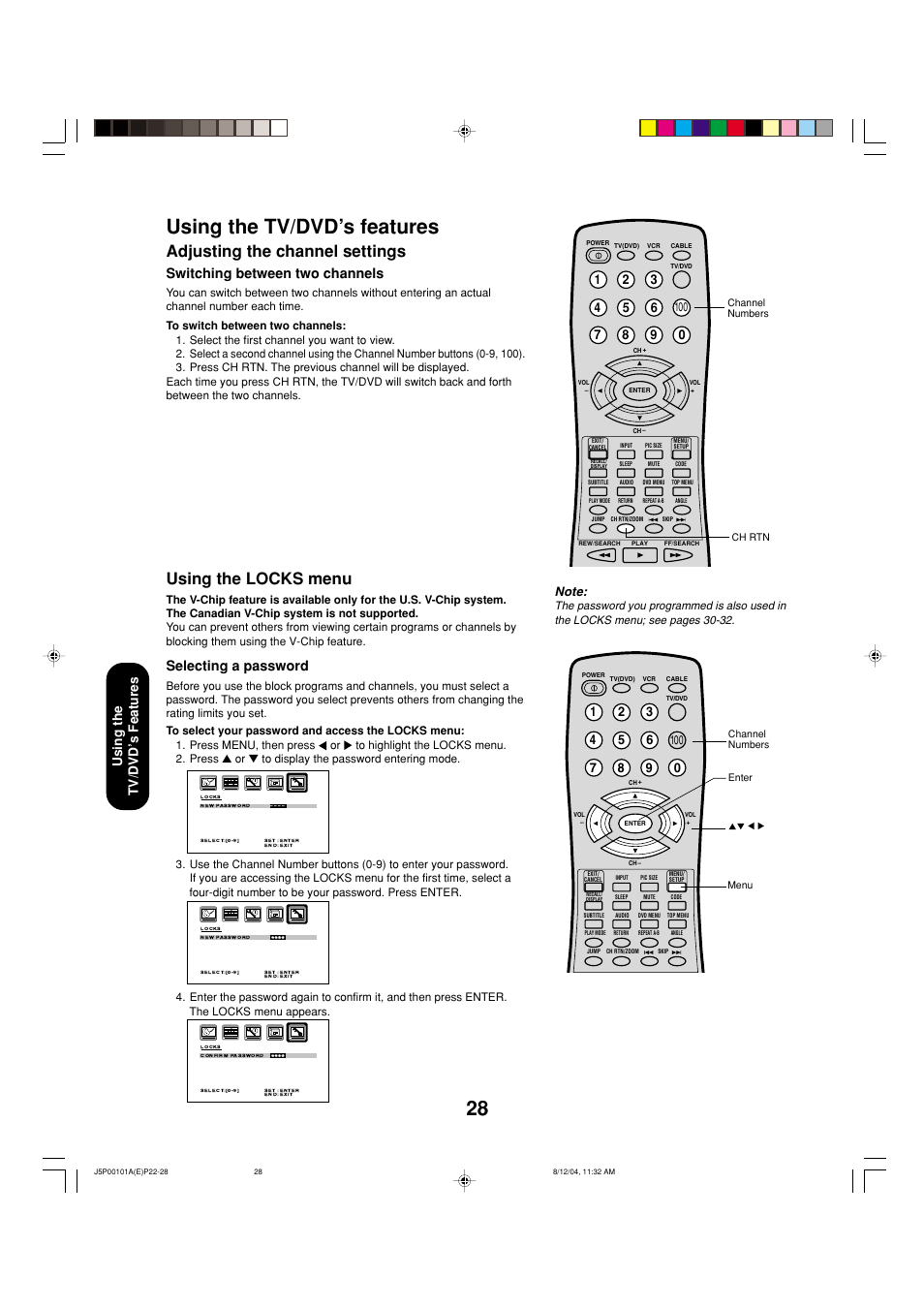 Using the tv/dvd’s features, Adjusting the channel settings, Using the locks menu | Switching between two channels, Selecting a password, Using the tv/dvd ’s features | Toshiba 23HLV84 User Manual | Page 28 / 68