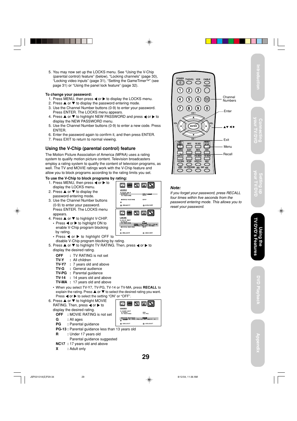 Using the v-chip (parental control) feature, Using the tv/dvd ’s features | Toshiba 23HLV84 User Manual | Page 29 / 68