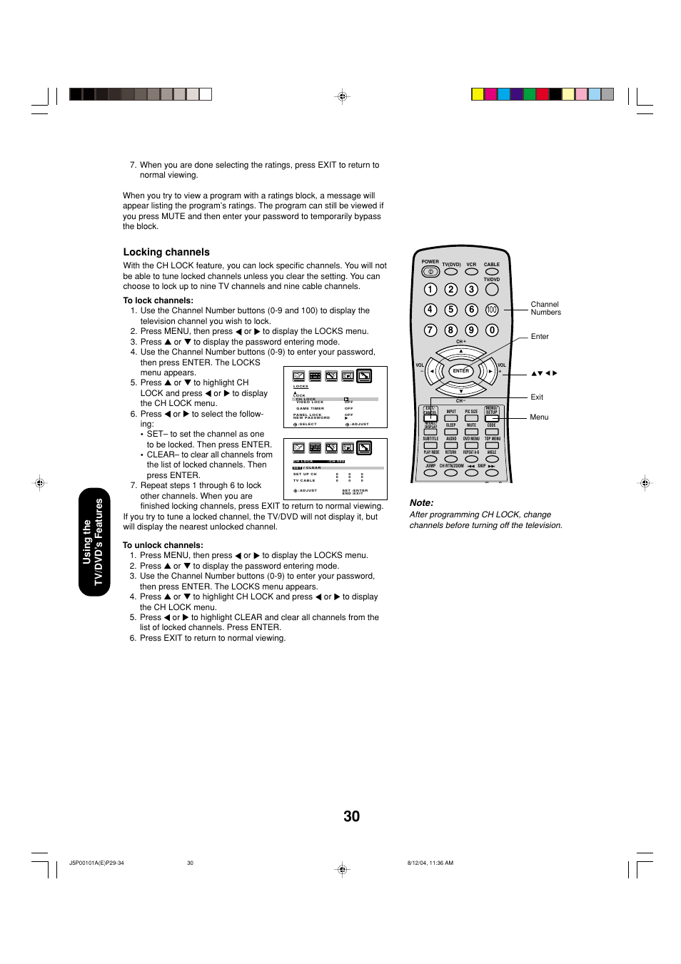 Locking channels, Using the tv/dvd ’s features | Toshiba 23HLV84 User Manual | Page 30 / 68