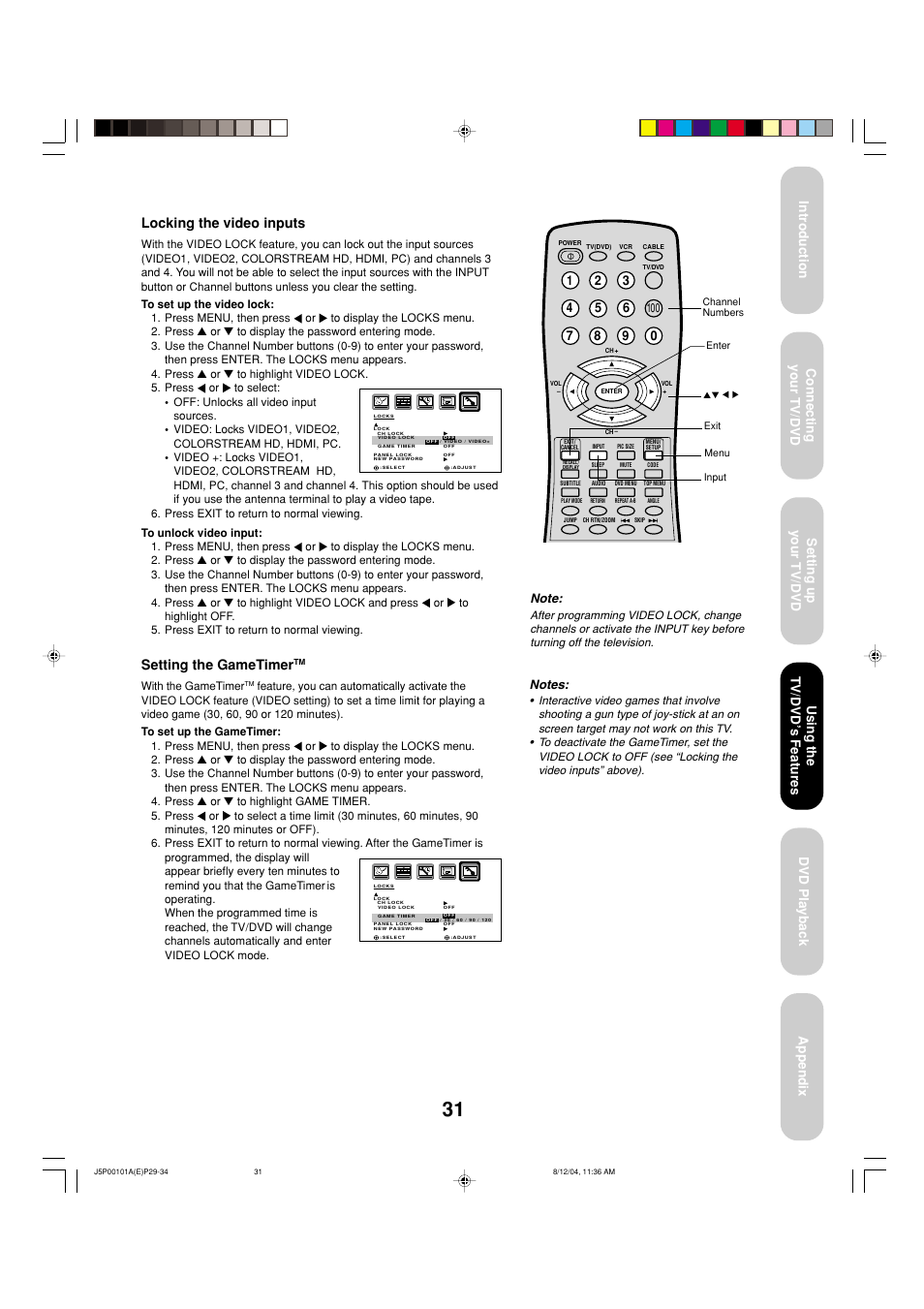 Locking the video inputs, Setting the gametimer, Using the tv/dvd ’s features | Toshiba 23HLV84 User Manual | Page 31 / 68