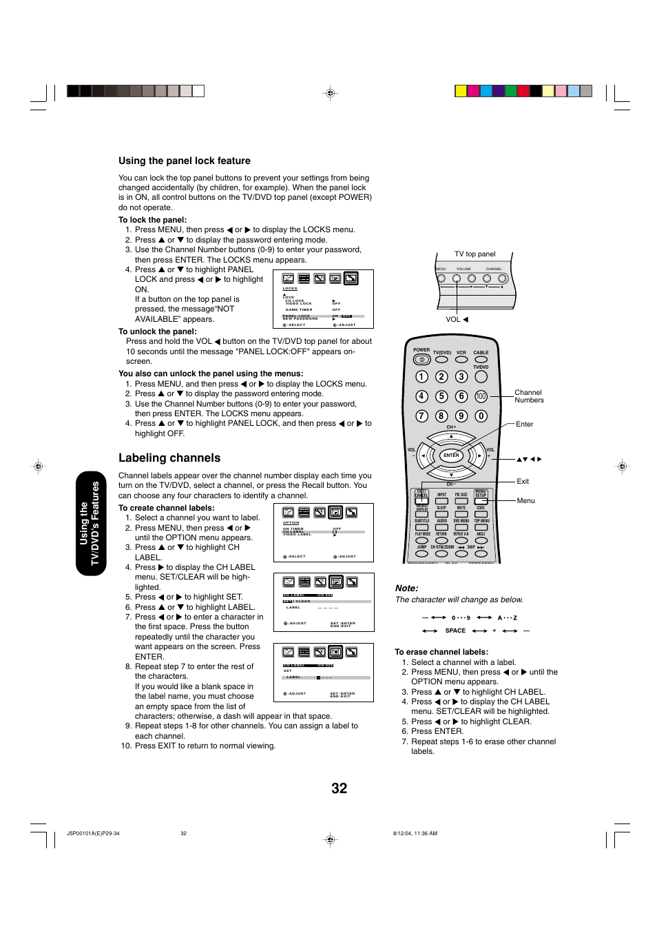 Labeling channels, Using the panel lock feature, Using the tv/dvd ’s features | The character will change as below | Toshiba 23HLV84 User Manual | Page 32 / 68