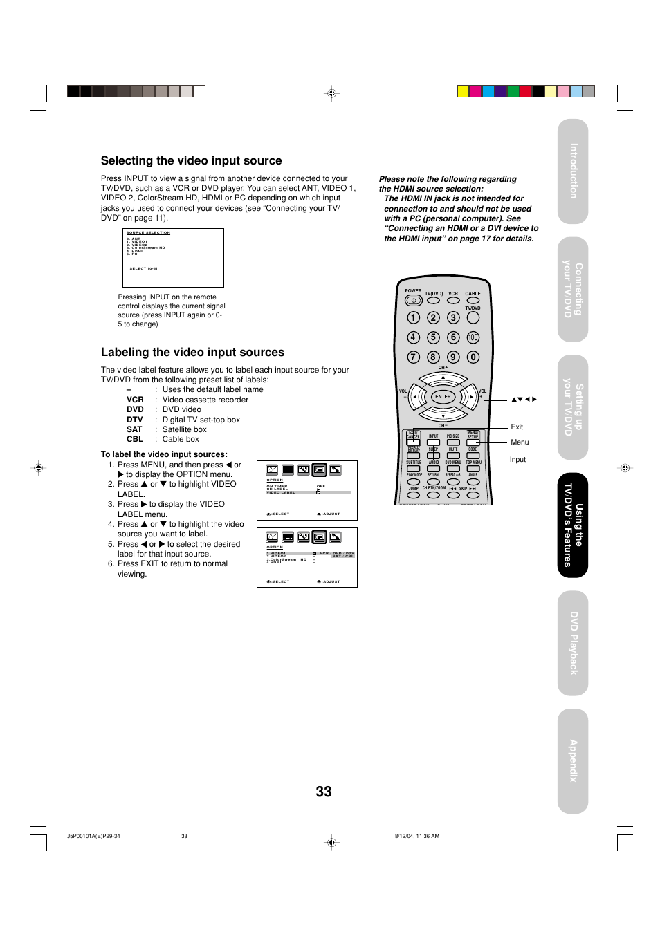 Selecting the video input source, Labeling the video input sources, Using the tv/dvd ’s features | Toshiba 23HLV84 User Manual | Page 33 / 68