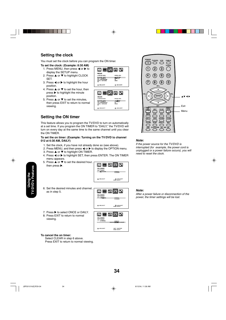 Setting the clock, Setting the on timer, Using the tv/dvd ’s features | Toshiba 23HLV84 User Manual | Page 34 / 68