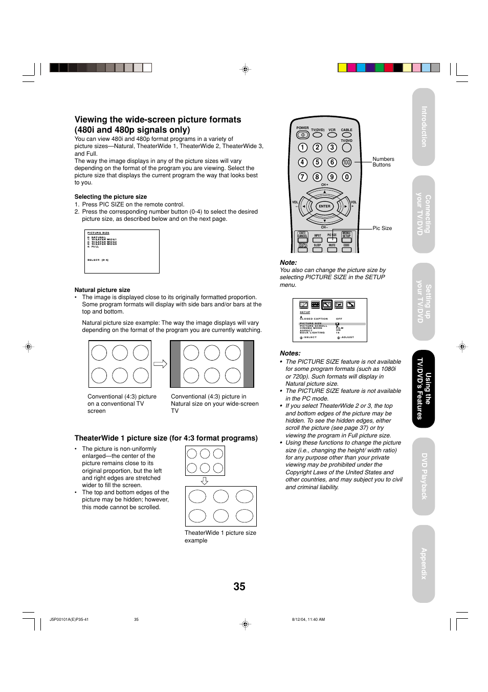 Using the tv/dvd ’s features | Toshiba 23HLV84 User Manual | Page 35 / 68